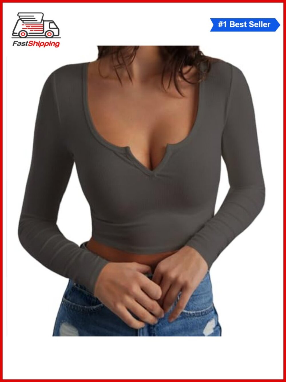✨Artfish Long Sleeve Scoop Neck V Notch Ribbed Slim Fitted Crop Top